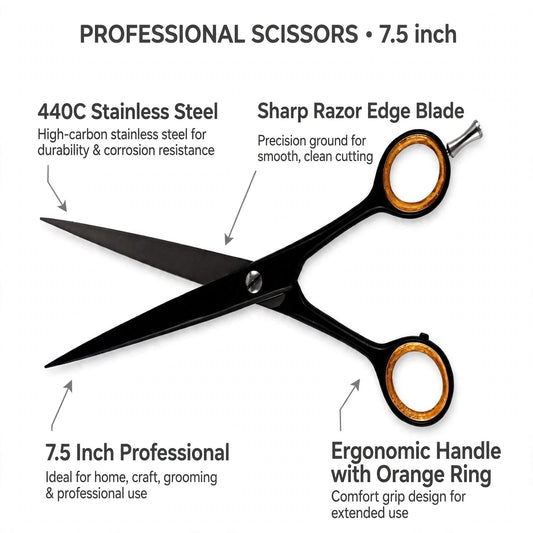 Black 7.5-inch professional scissors with orange ring handles, shown on a white background with callout text describing stainless steel construction, sharp razor edge blade, ergonomic handle, and use for home, craft, and grooming.