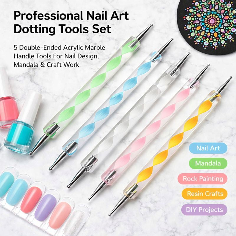 Professional Nail Art Dotting Tools Set – 5 Double-Ended Acrylic Marble Handle Tools for Nail Design, Mandala & Craft Work