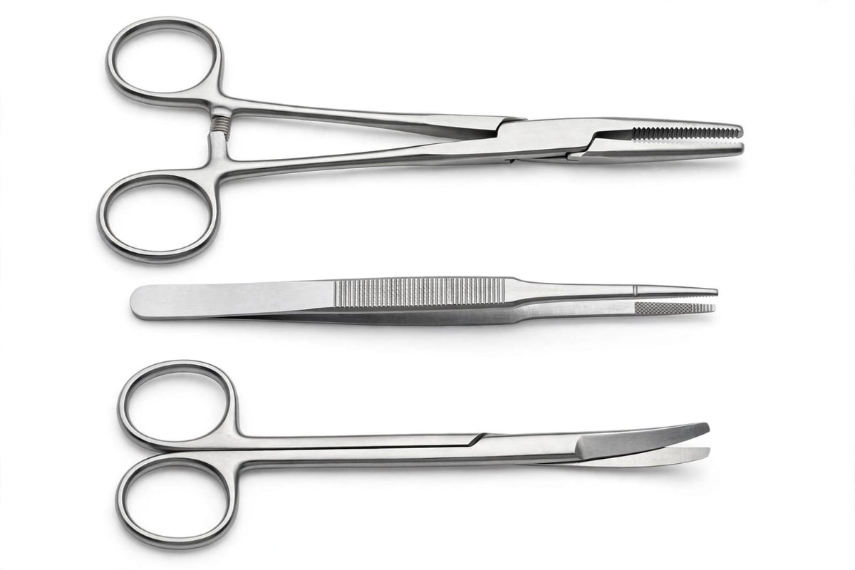 Stainless Steel Surgical Set of 3 - Artery Forceps Straight 6 Inch, Dressing Forceps Straight 6 Inch and Dressing Scissors Curved 6 Inch - For Hospital, Clinic, First Aid