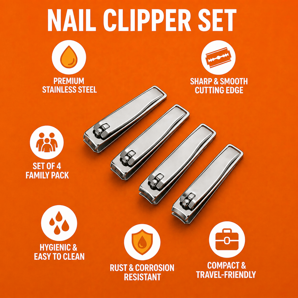 Premium Stainless Steel Nail Clipper Set (Pack of 4) – Sharp & Smooth Cutting Edge, Rust-Resistant, Heavy Duty Nail Cutters for Men, Women & Family Use – Travel Friendly Grooming Kit