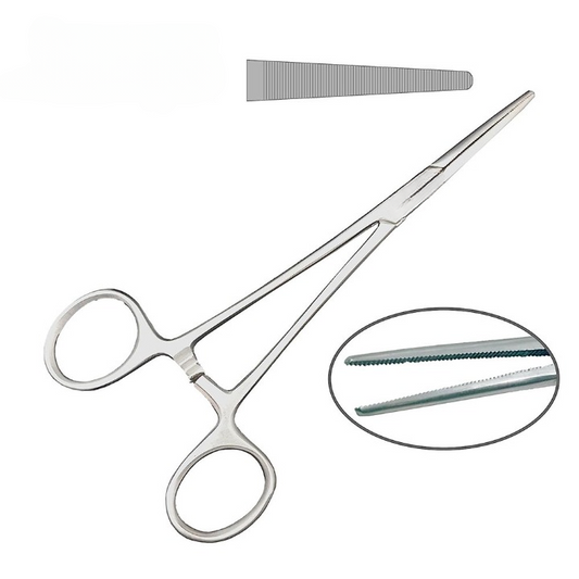 Pair of surgical scissors with a close-up inset showing the blade on a white background