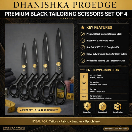 A 4-piece set of premium black tailoring scissors by Dhanishka Proedge, displayed in a size comparison chart layout with text detailing features, sizes, and ideal uses.