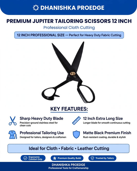A promotional graphic for Dhanshika Proedge Premium Jupiter Tailoring Scissors, 12 inches. The scissors are shown in a matte black finish with a gold-colored pivot screw.