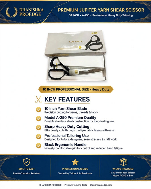 Dhanisha Proedge Premium Jupiter Yarn Shear Scissor in a white presentation box, shown with product details, key features, and specifications on a white background with dark blue header and footer banners.