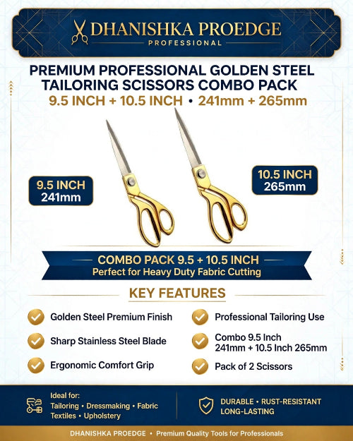 Promotional graphic for a Dhanishka Proedge professional tailoring scissors combo pack, showing two gold-colored scissors (9.5 inch 241mm and 10.