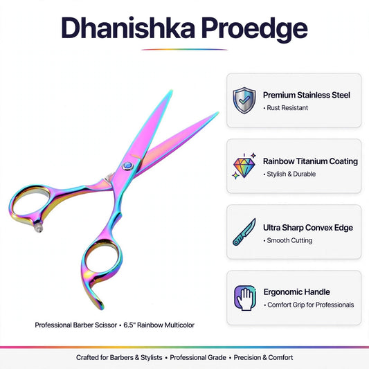 Dhanishka Proedge professional barber scissors with a vibrant rainbow metallic finish, displayed on a clean white background with feature callout icons and text.