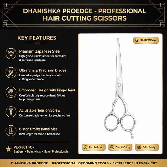 Dhanishka Proedge 6-inch professional hair cutting scissors shown on a black promotional graphic with feature callouts and product details.