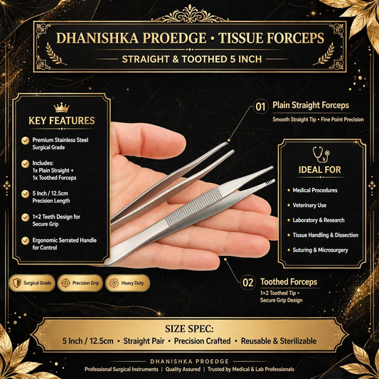 A promotional graphic for Dhanishka Proedge tissue forceps, showing a hand holding a pair of stainless steel straight and toothed 5-inch surgical forceps against a black and gold background with feature callouts and diagrams.