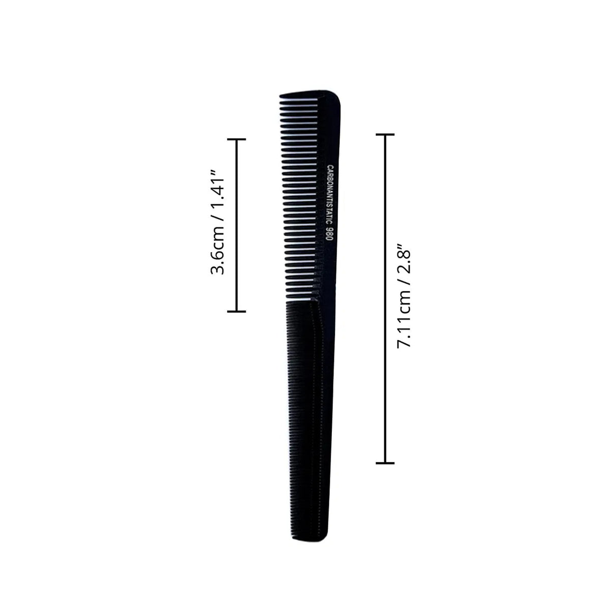 Black comb with measurements on a white background