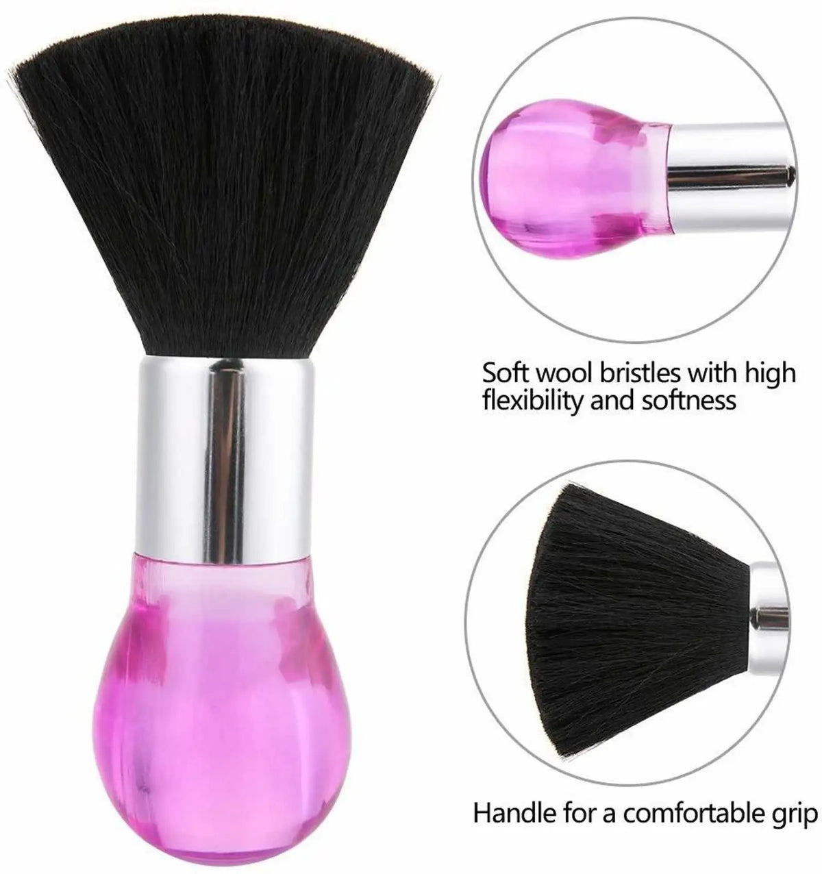 A makeup brush with black soft wool bristles, a shiny silver metal neck, and a translucent pink handle, shown on a white background with two circular detail insets and text describing the bristles and grip.