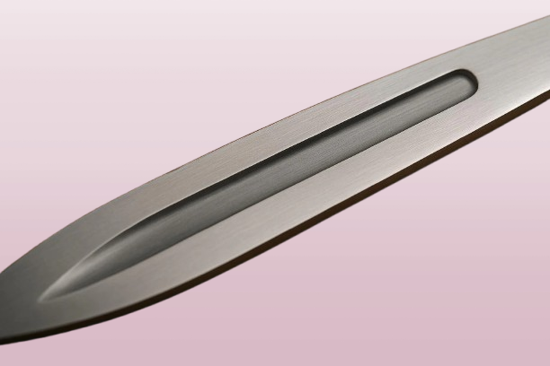 Metallic object with a central cutout on a pink background