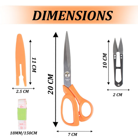 Measurement chart showing dimensions of various items including scissors, a pair of tweezers, and a small tool.