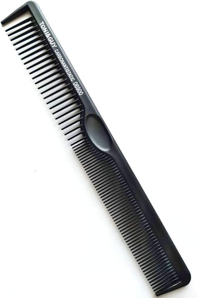 A black plastic hair comb with fine teeth, shown diagonally on a plain white background. White text on the handle reads 'TOMAHAWK COMBINATION Hairsicle'.