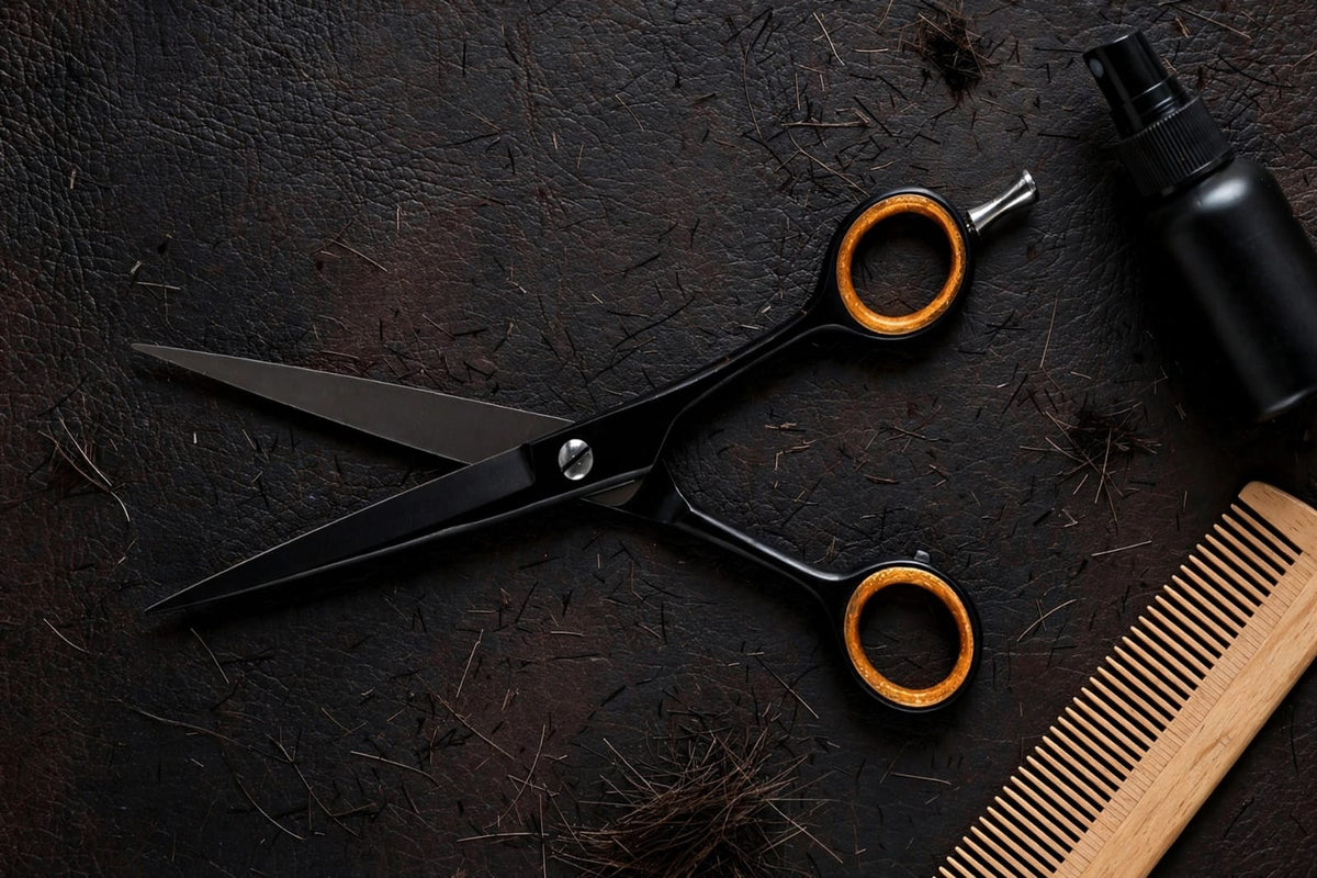 Black hairdressing scissors with orange-gold ring handles, laid diagonally on a dark textured surface with a wooden comb and a black spray bottle nearby.