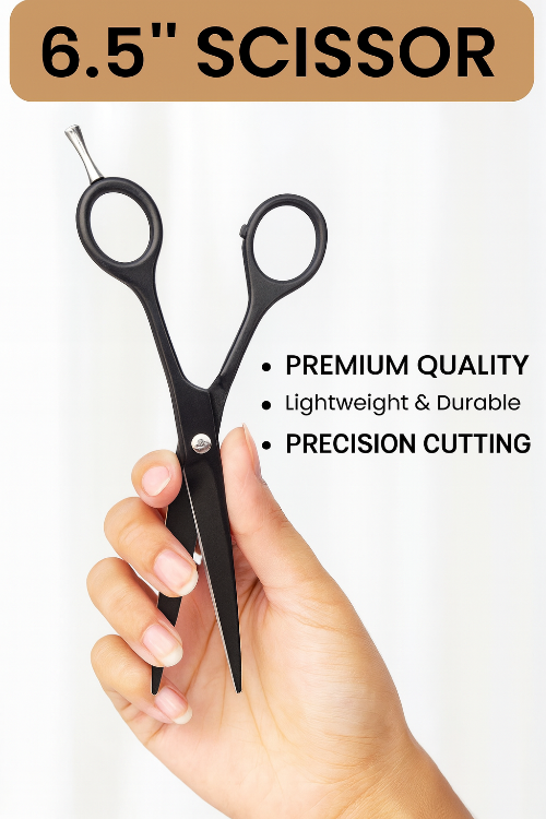 Hand holding a 6.5-inch scissor with product features listed on a white background