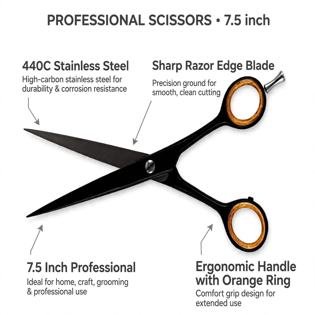 Black 7.5-inch professional scissors with orange ring handles, shown on a white background with callout text describing stainless steel construction, sharp razor edge blade, ergonomic handle, and use for home, craft, and grooming.
