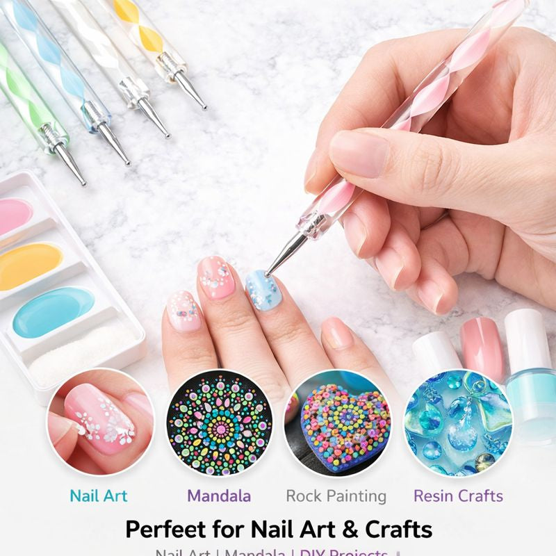 Professional Nail Art Dotting Tools Set – 5 Double-Ended Acrylic Marble Handle Tools for Nail Design, Mandala & Craft Work