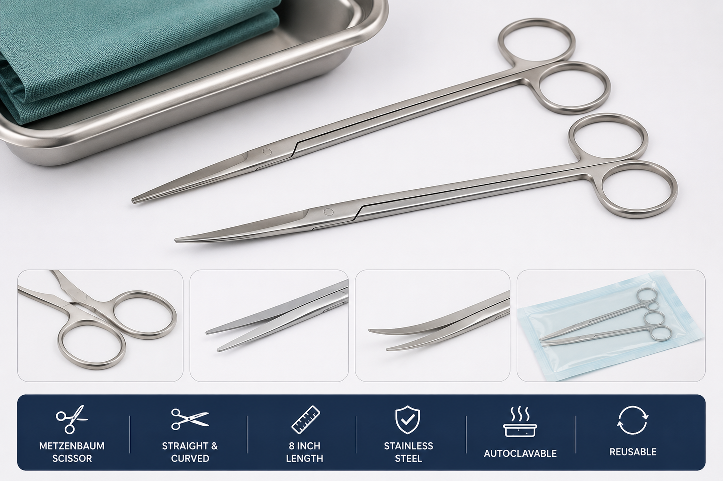 Metzenbaum Straight and Curved 8 Inch Surgical Stainless Steel Scissors for Medical and Veterinary Use