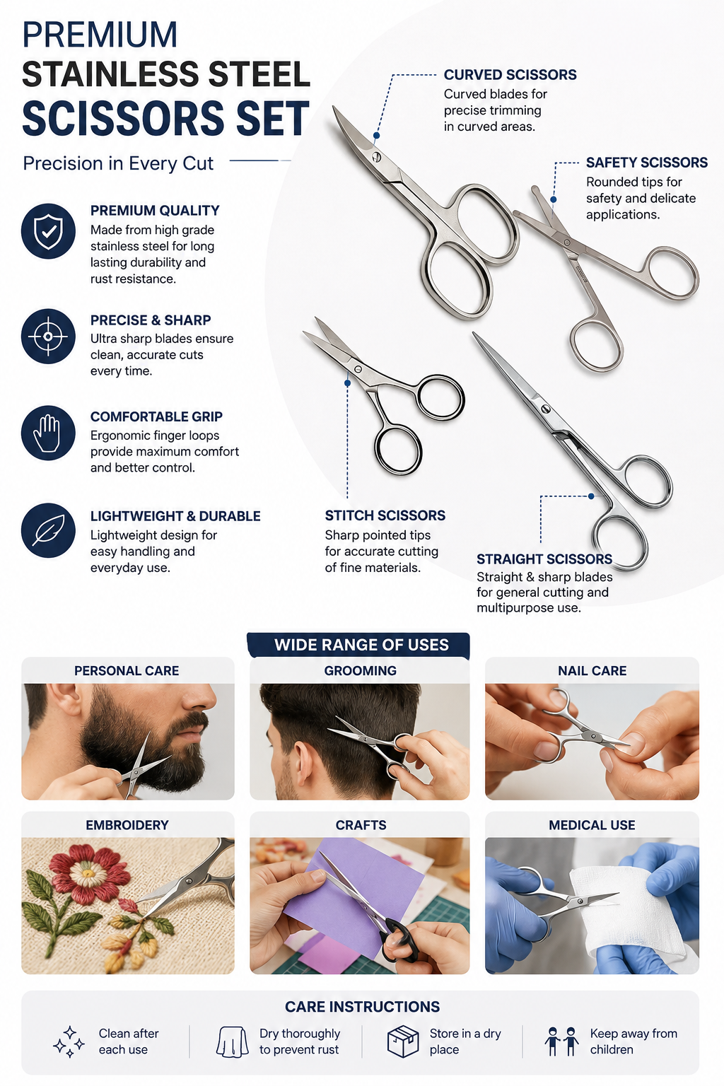 4-Piece Stainless Steel Precision Scissors Set | Curved, Straight, Safety & Stitch Scissors for Grooming, Embroidery & Personal Care