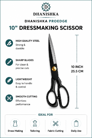 Dhanishka 10-inch dressmaking scissors with black handles and silver blades, shown on a white background with product features and dimensions listed on the left side.
