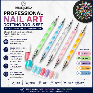 Dhanishka brand Professional Nail Art Dotting Tools Set featuring four double-ended acrylic marble handles in pastel rainbow colors, shown with a circular mandala design and product feature icons on a white marble-textured background.