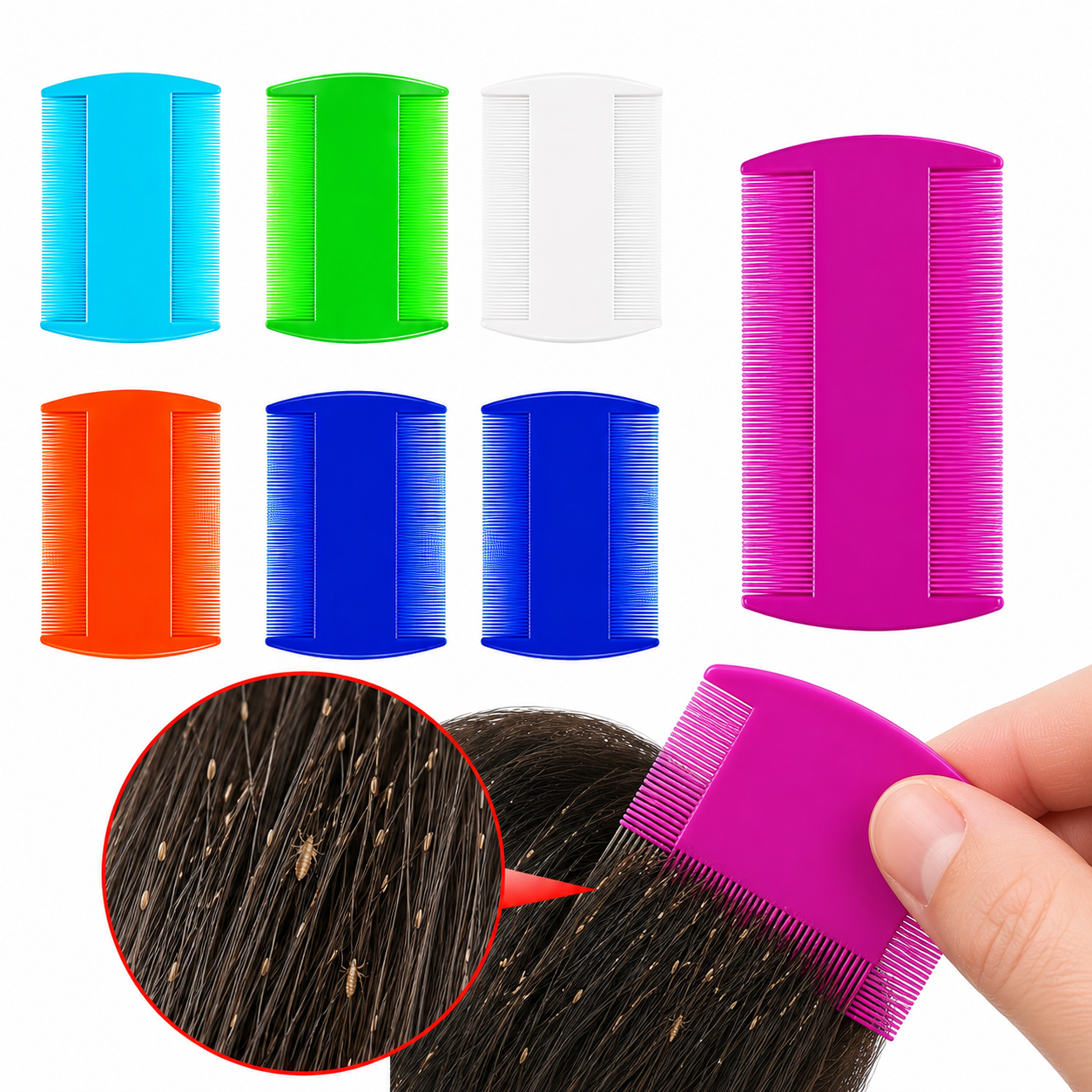 Pack of 7 Double-Sided Lice Combs | Fine Tooth Plastic Nit Comb Set for Head Lice & Nits