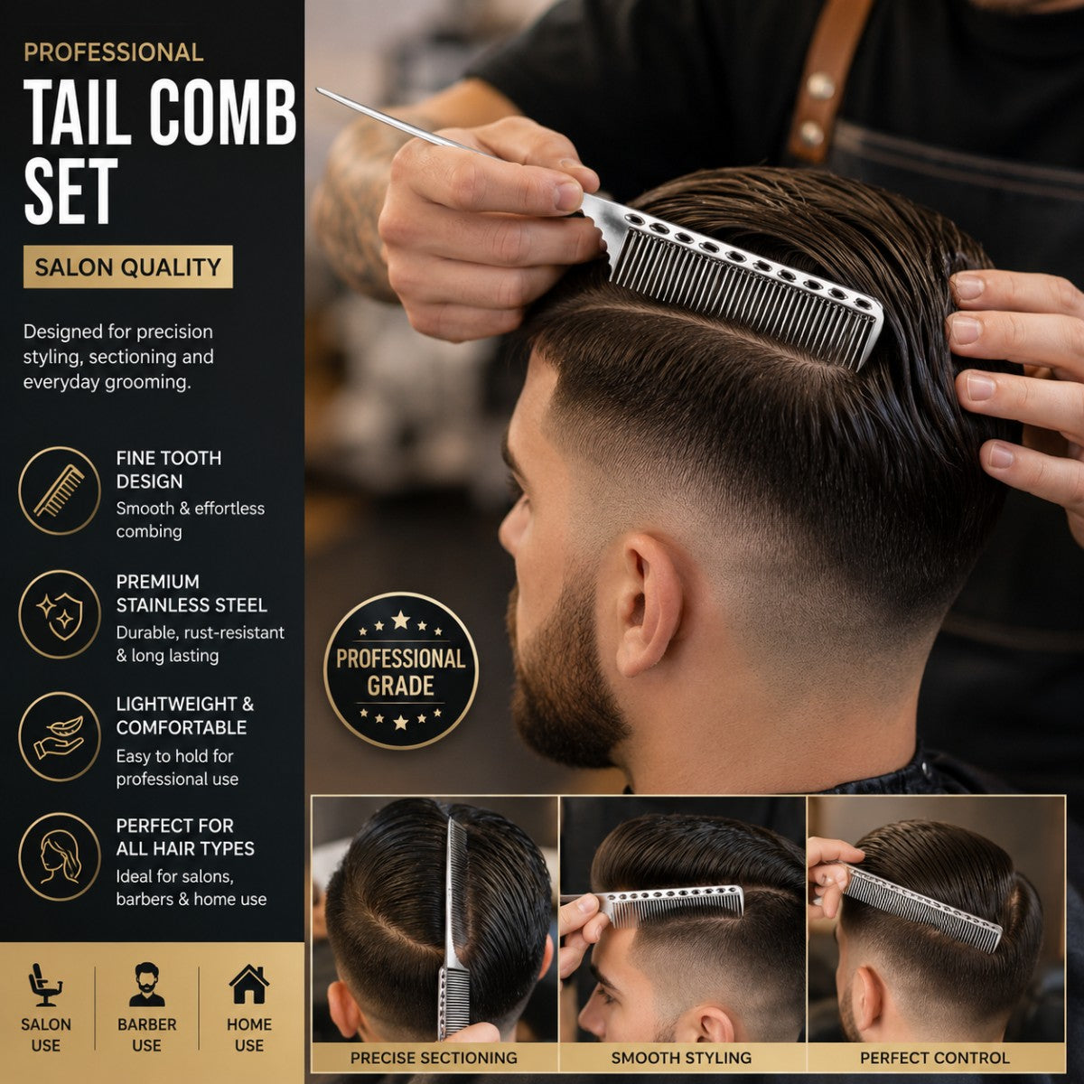 Professional Stainless Steel Tail Comb Set Barber Hair Cutting Comb Carbon Fiber Styling Comb Fine Tooth Salon Comb for Hair Styling Grooming