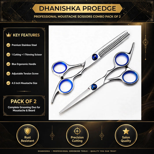 A promotional graphic for a Dhanishka Proedge professional moustache scissors combo pack of 2, showing two stainless steel grooming scissors with blue ergonomic handles and blue ring accents on a white background, with feature callouts and branding on a black and gold layout.
