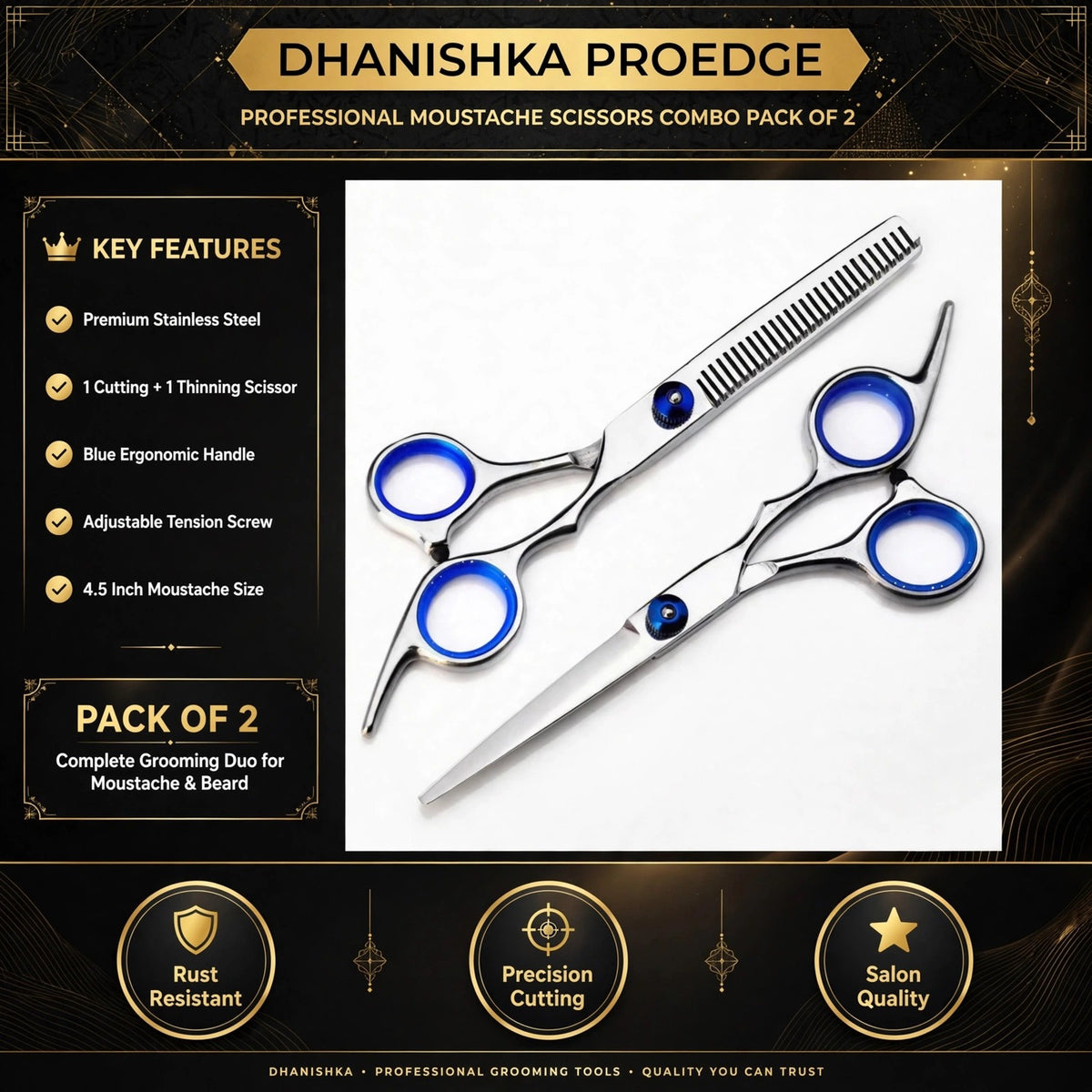 A promotional graphic for a Dhanishka Proedge professional moustache scissors combo pack of 2, showing two stainless steel grooming scissors with blue ergonomic handles and blue ring accents on a white background, with feature callouts and branding on a black and gold layout.