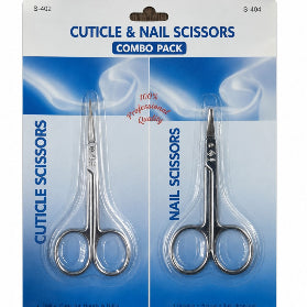 Packaging of cuticle and nail scissors combo pack with blue and white design.