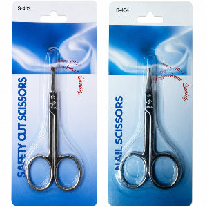 Two packages of safety cut scissors and nail scissors with brand name on blue background