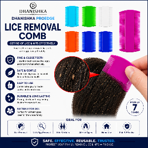 Dhanishka Proedge Lice Removal Comb set shown on a white infographic background with product text, multiple color options, a close-up hair section, and a hand holding a pink comb.