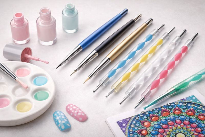Nail art tools and supplies including nail polish bottles, brushes, and a color swatch on a white background.