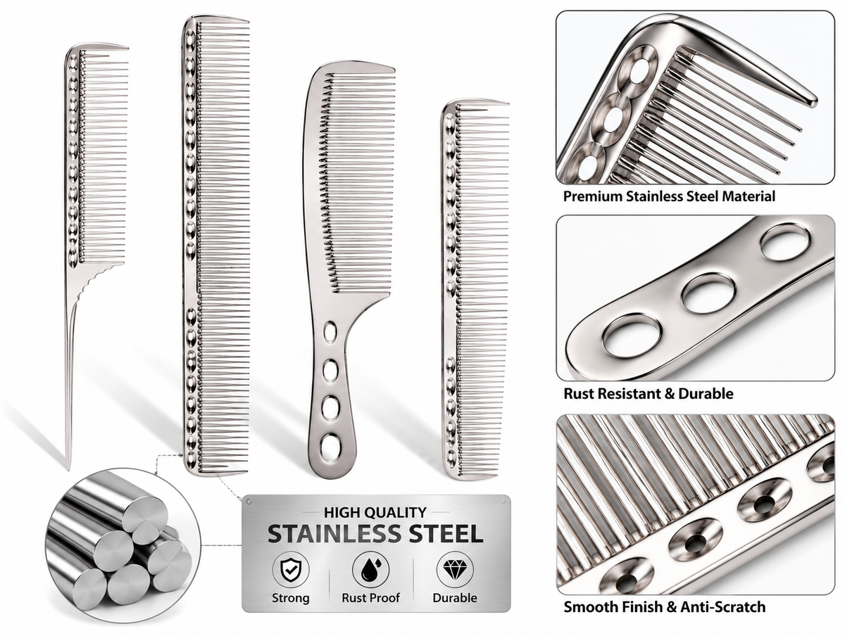 Stainless Steel Barber Comb Set of 4 | 2 Metal Hair Cutting, 1 Styling & 1 Tail Comb