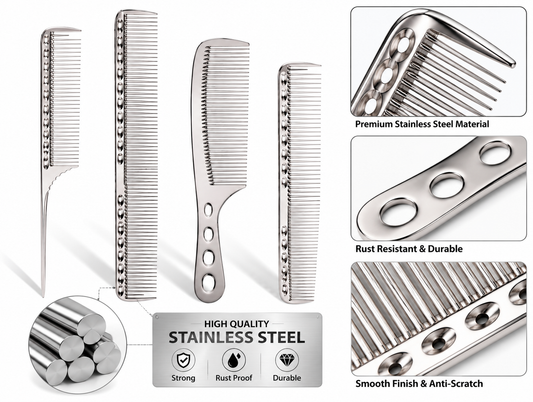 Stainless Steel Barber Comb Set of 4 | 2 Metal Hair Cutting, 1 Styling & 1 Tail Comb