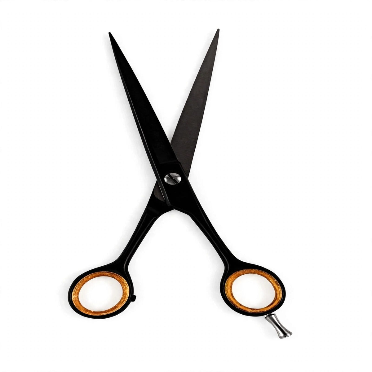Black hair shears with textured orange-gold handles and a silver metal pivot screw, shown on a plain white background.