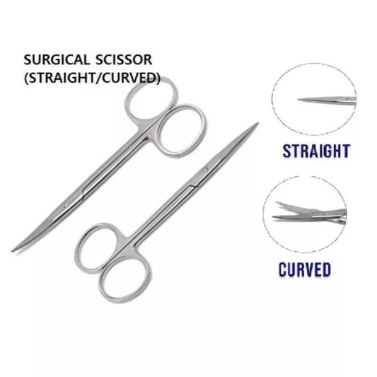 Surgical scissors shown with straight and curved options on a white background