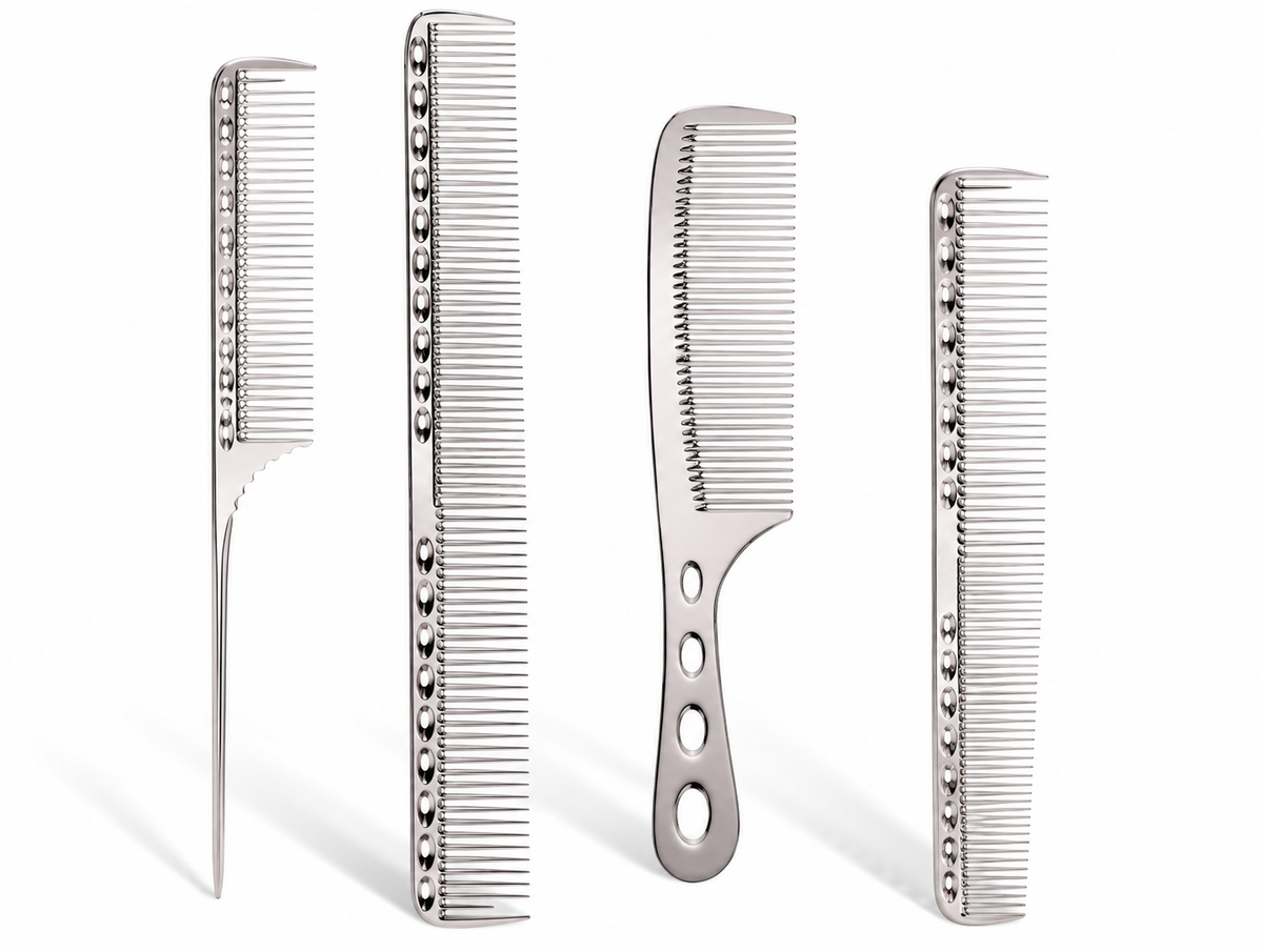Stainless Steel Barber Comb Set of 4 | 2 Metal Hair Cutting, 1 Styling & 1 Tail Comb