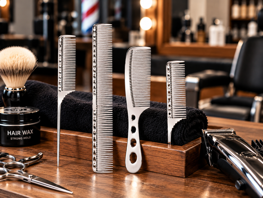 Stainless Steel Barber Comb Set of 4 | 2 Metal Hair Cutting, 1 Styling & 1 Tail Comb