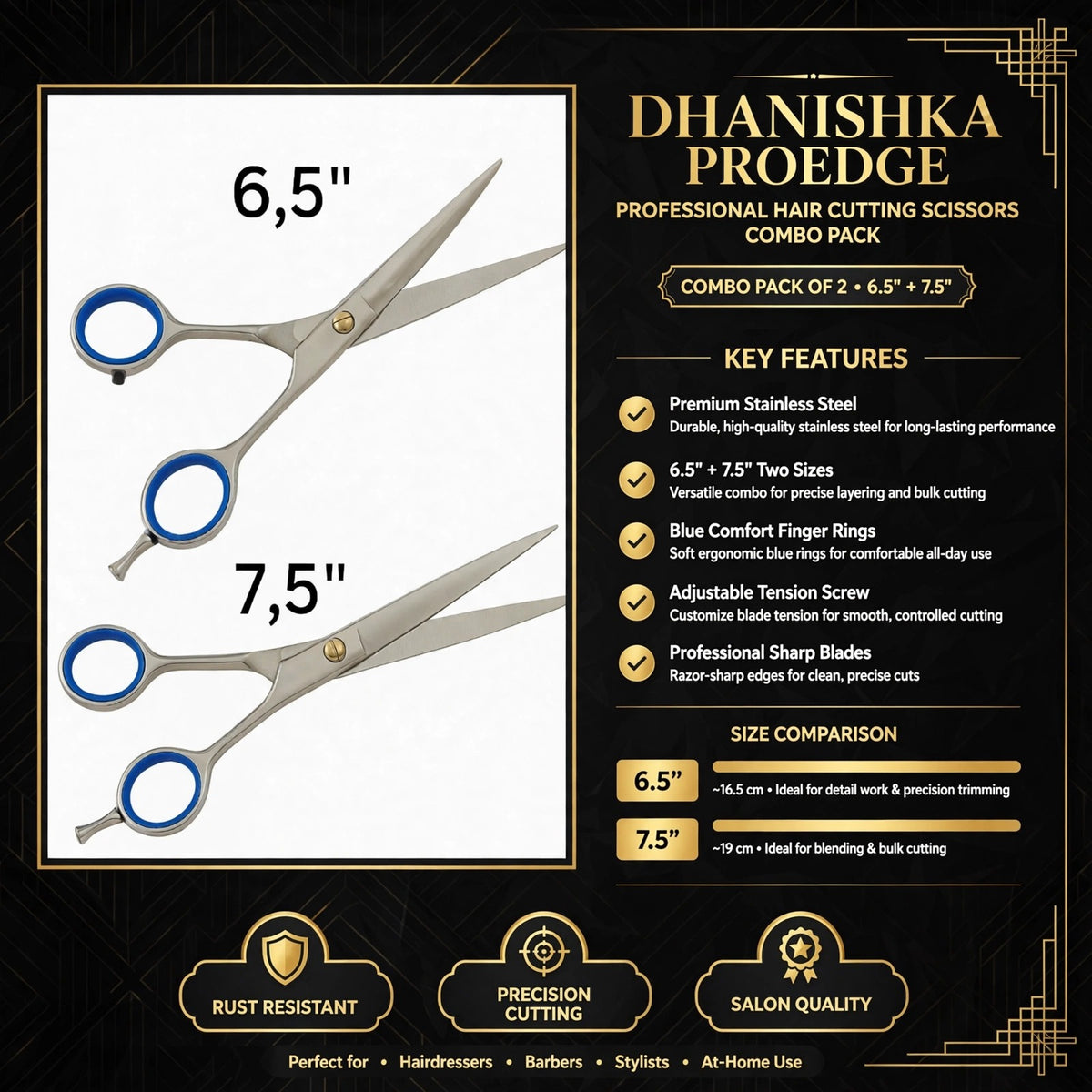 Hair Cutting Scissors 6.5 & 7.5 Inch Stainless Steel - Barber & Salon Shears