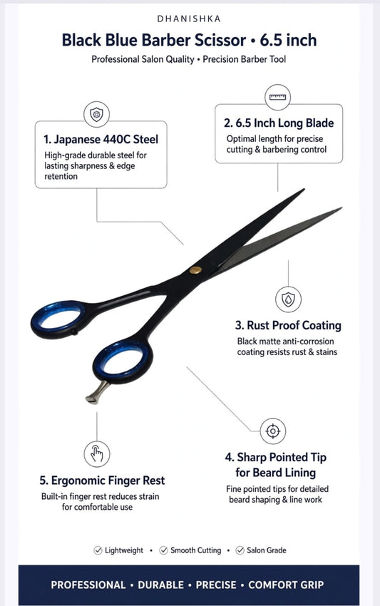 Black Blue Barber Scissor 6.5 Inch - Professional Gents Cutting