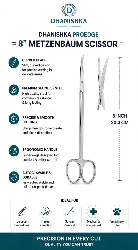 Dhanishka Proedge Metzenbaum Scissors Curved 8" | Stainless Steel Dissecting Scissors