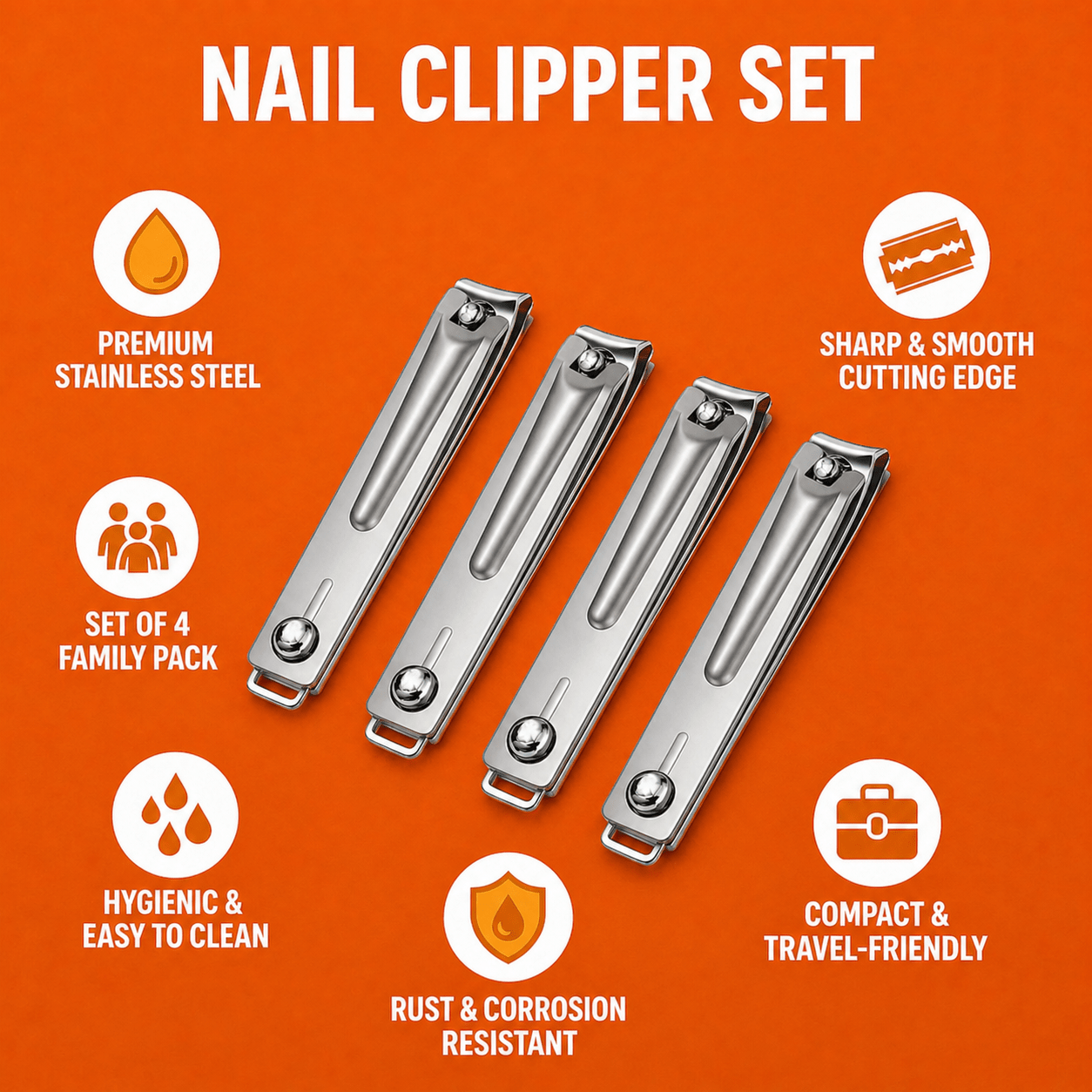 Premium Stainless Steel Nail Clipper Set (Pack of 4) – Sharp & Smooth Cutting Edge, Rust-Resistant, Heavy Duty Nail Cutters for Men, Women & Family Use – Travel Friendly Grooming Kit