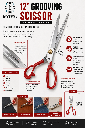 A 12-inch grooving scissors tool by Dhanishka, featuring red handles and silver stainless steel blades, presented on a white background with feature callouts, icons, and usage examples.