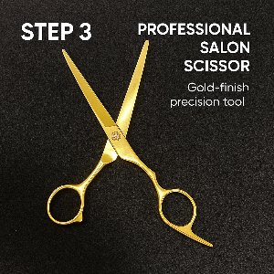 Gold professional salon scissors on a black background with text indicating 'Step 3' and 'Professional Salon Scissor'.