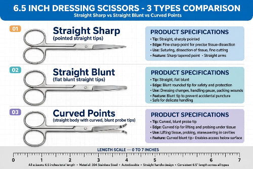 A comparison chart for 6.5 inch dressing scissors showing three types: Straight Sharp, Straight Blunt, and Curved Points, with labeled diagrams of each style, product specifications, and a length scale at the bottom.