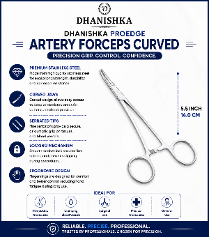 A promotional infographic for Dhanishka Proedge curved artery forceps. The image features a clean white background with blue and navy text, icons, and specifications, with a photo of the stainless steel curved forceps shown in the center-right.