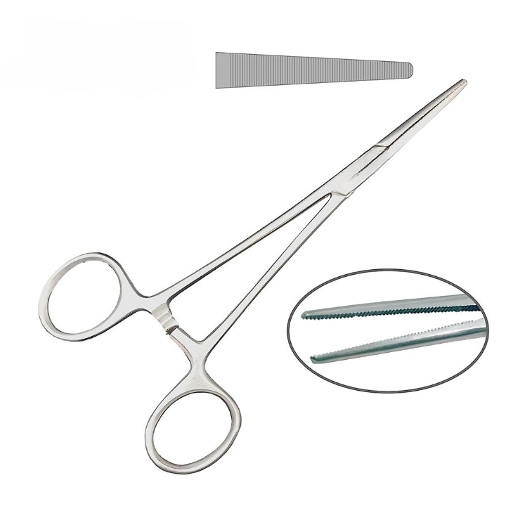 Pair of surgical scissors with a close-up inset showing the blade on a white background