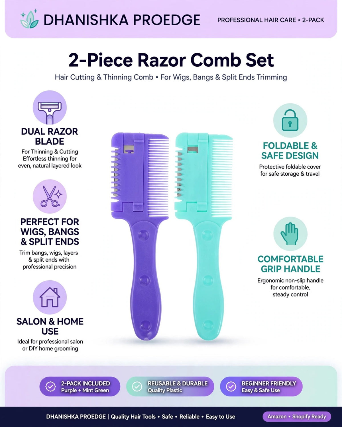 A promotional graphic for a 2-piece razor comb set by Dhanisha Proedge, showing two ergonomic hair grooming combs side by side on a white background with purple and teal colors. The set includes a dual razor blade and foldable safe cover, with text highlighting key features like salon and home use, foldable design, and comfortable grip handle.