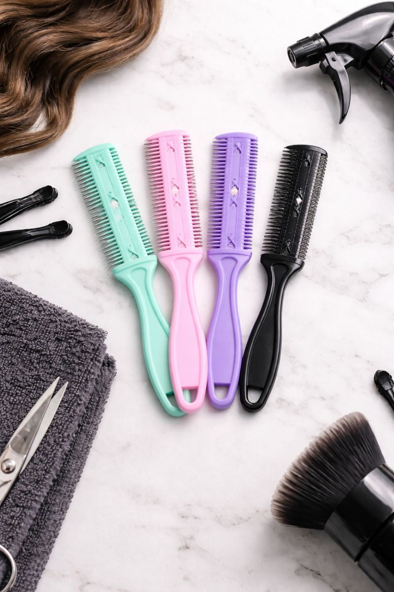 Set of hairbrushes and styling tools on a marble surface